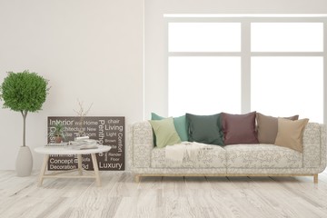 Stylish room in white color with sofa. Scandinavian interior design. 3D illustration