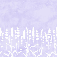 Lavender flowers white silhouettes seamless pattern on purple watercolor background.