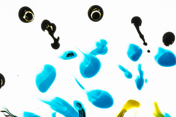 Watercolor and acrylic abstract. Colorful background. Mix, splashes and drawings of colors: blue, yellow, brown, white background