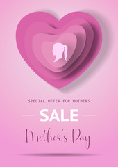 Mother's Day sale poster with pink paper hearts. Mother or woman silhouette on different shape of paper hearts for Mother's Day. Sale poster, banner, concept, vector illustration for shops.