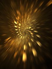 Abstract holiday background with blurred golden rays and sparkles. Fantastic light effect. Digital fractal art. 3d rendering.