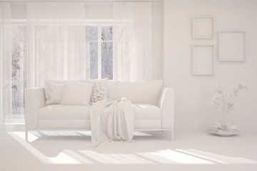 Mock up of stylish room in white color with sofa. Scandinavian interior design. 3D illustration
