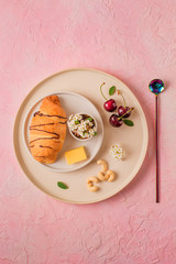 Breakfast on a plate. Top view.