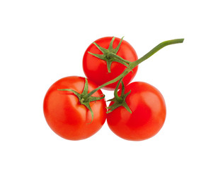 Three red ripe tomatoes with green leaves on one branch on white background isolated close up, beautiful red cherry tomatoes bunch, design element for label