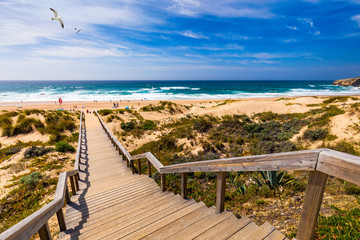 View of the Monte Clerigo beach with flying seagulls on the western coastline of Portugal, Algarve. Stairs to beach Praia Monte Clerigo near Aljezur, Costa Vicentina, Portugal, Europe.