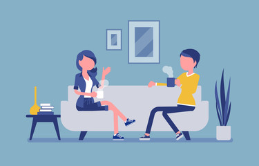Roommate friends enjoy living together. Young girls occupying one flat, house, room, students share rented apartment, relax on a coach in hostel, lodging. Vector illustration, faceless character