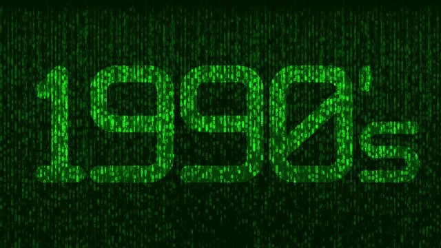 1990's nineties computer coding title logo animation with green glowing numbers and a code background
