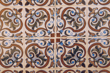 Azulejo is a form of Portuguese or Spanish painted, tin-glazed, ceramic tile work. Azulejos is traditional Portugese tiles in Aveiro. Architecture ornament. Aveiro, Portugal.