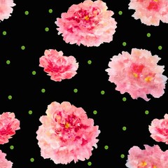 Watercolor pink peonies on black background seamless pattern