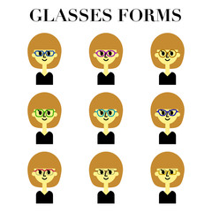 メガネをかけたボブカットの女性のシンプルでかわいい顔の表情12パターンのイラストセット
