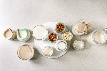 Variety of non-dairy vegan lactose free nuts and grain milk almond, hazelnut, coconut, rice, oat in glass bottles and ceramic jugs with ingredients above over white spotted background. Flat lay, space