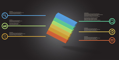 3D illustration infographic template with embossed cube askew arranged divided to six parts