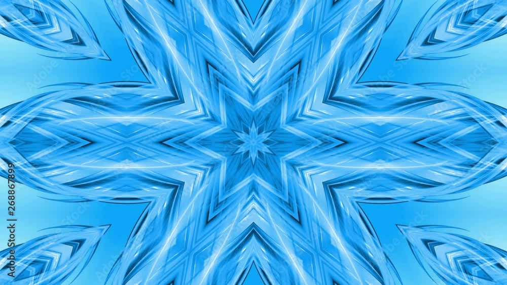 Poster 3d looped animation, an abstract background with blue ribbons twisting and forming stars or snowflak