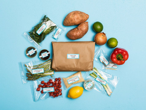 Overhead Of Ingredients For Packaged Healthy Meal Kit