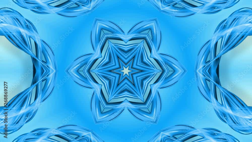 Poster 3d looped animation, an abstract background with blue ribbons twisting and forming stars or snowflak