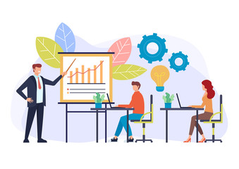 Professional business coach trainer speaker teaching training class. Seminar presentation concept. Vector flat cartoon graphic design illustration