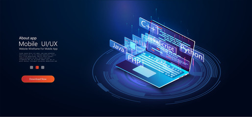 Software development, programming, coding vector concept. Technology concept. Programming web banner. Isometric vector illustration. Landing page concept. Technology process of Software development 