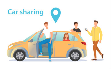 Car sharing illustration. A group of people near the car waiting for a fellow traveler.