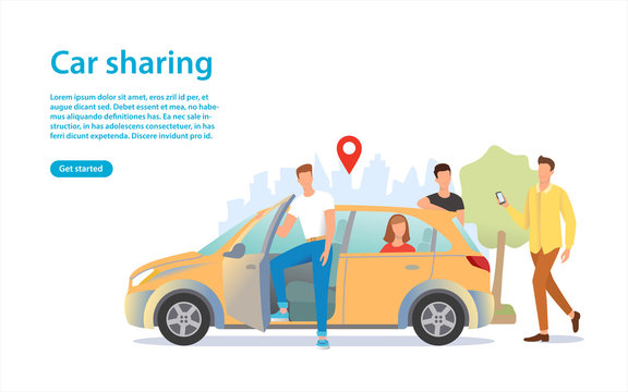 Car sharing illustration. A group of people near the car.