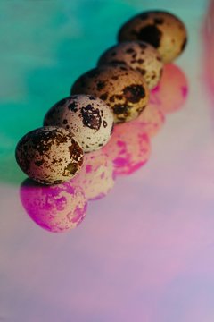 Quail eggs on holographic colorful background