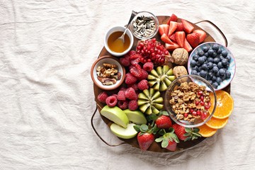 Healthy breakfast board included granola, fruits and berries selection, nuts and honey. Plant based, clean eating, super food, vegetarian concepts.