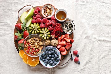 Healthy breakfast board included granola, fruits and berries selection, nuts and honey. Plant based, clean eating, super food, vegetarian concepts.