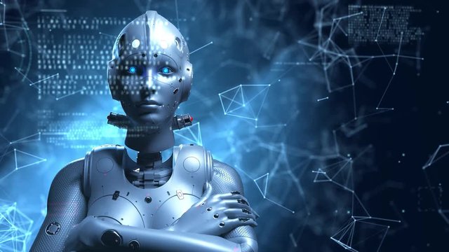 sci-fi woman robot , learning digital information the digital world of the future of neural networks and the artificial intelligence future technologies