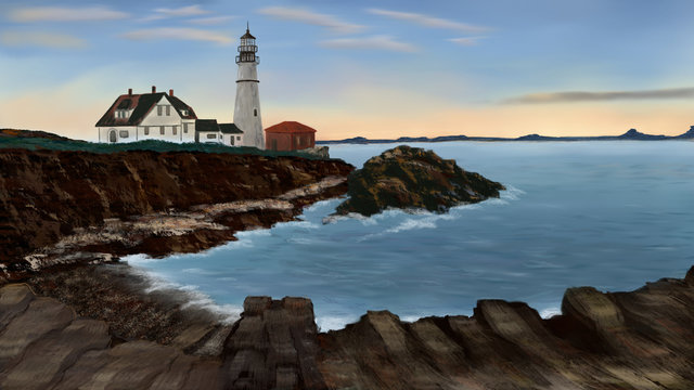 Digital paint the Cape Elizabeth Maine Coast with a lighthouse
