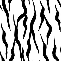 Zebra skin, stripes pattern. Animal print, black and white detailed and realistic texture. Monochrome seamless background. Vector illustration