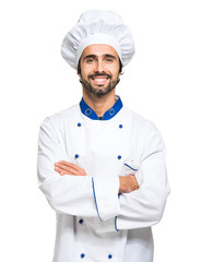 Cheerful chef isolated on white