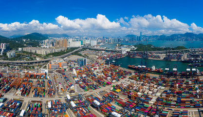 Drone fly over Kwai Chung Cargo Terminal in Hong Kong