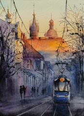 Fototapeta Blue tram at sunrise with castle Wawel in background in Krakow, Poland. Picture created with watercolors. obraz