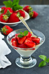 Panna cotta with strawberry sauce and mint.
