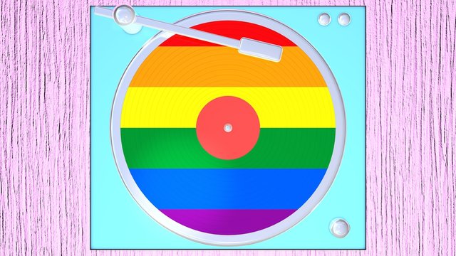 3D illustration of gramophone with vinyl record (lgbt flag texture). 