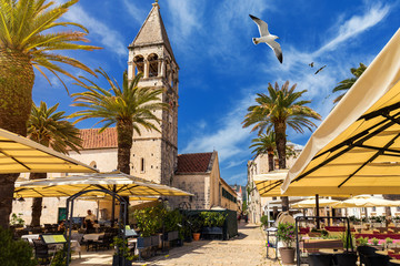 View at town Trogir, old touristic place in Croatia Europe with seagull's flying over city. Trogir...