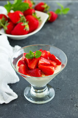 Panna cotta with strawberry sauce and mint.