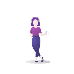 Fototapeta premium Flat girl in headphones stay and listen music from smartphone. Vector illustration. Social media concept. Isolated