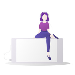 Flat girl in headphones listen music sitting on smartphone. Vector illustration. Social media concept. Isolated