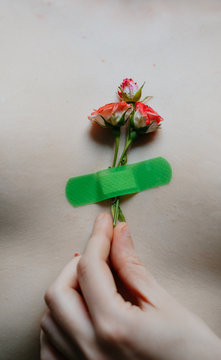 woman torso with three roses sticked with a green band aid between the tits