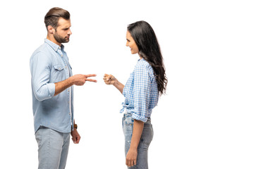 man and young woman playing rock-paper-scissors Isolated On White