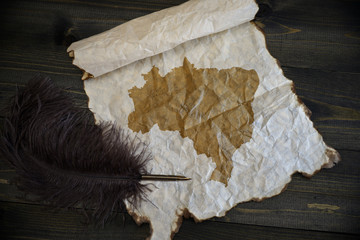 map of brazil on vintage paper with old pen on the wooden texture desk