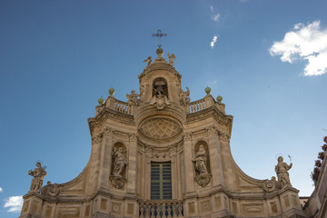 Fototapeta na wymiar Catania baroque basilica Collegiata, detail of the top facade and its architecture