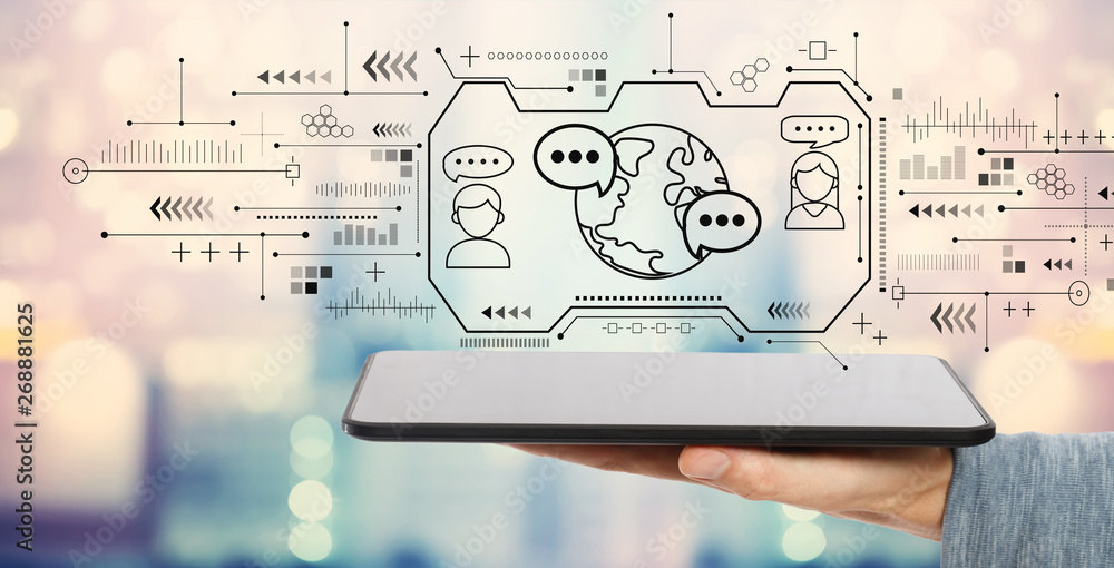 Poster learning language concept with man holding a tablet computer