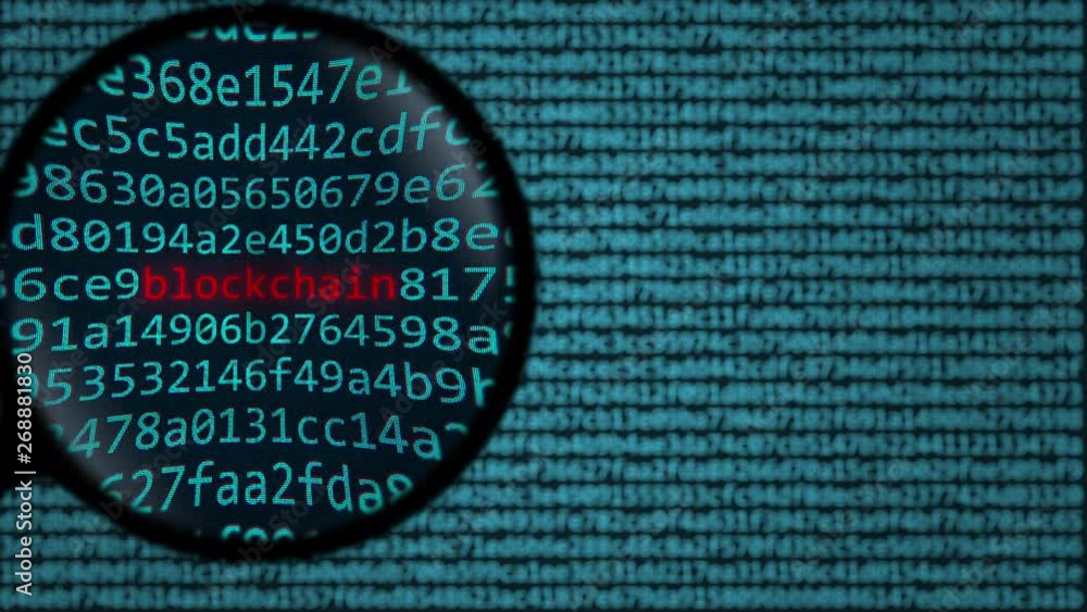 Poster magnifying glass discovers blockchain word on computer screen