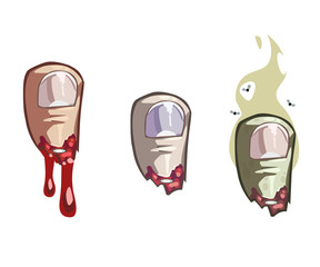 Vector cartoon illustration of severed thumbs. Chopped toes bleeding, raw and rotten