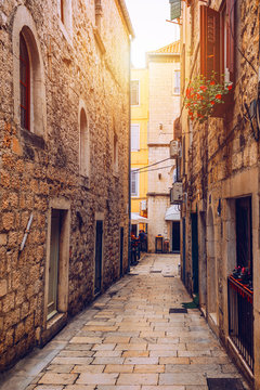 Fototapeta Street in Split historical center, Croatia. Beautiful square of the old town of Split in Croatia. Old stone street of Split historic city, Dalmatia, Croatia