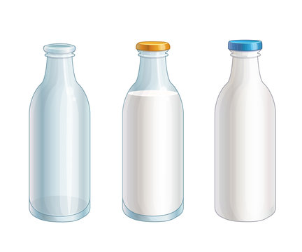 Set of vector cartoon glass and plastic milk, empty bottles isolated