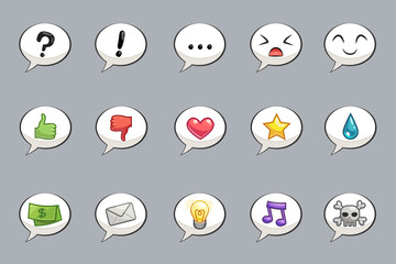 Speech bubbles set of cute icons for web and mobile application. Vector comic communication speech bubbles with emotions and signs