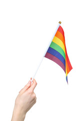 Female hand holding rainbow flag on white background