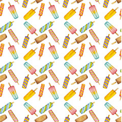 Summer foods. Seamless pattern with watercolor, hand drawn icecream.